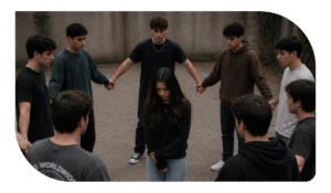 Grupo de jóvenes en círculo y una joven al centro.