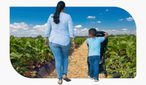 Mujer y niño caminando por un campo de fresas
